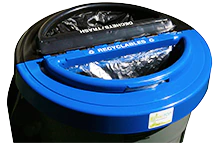 Bin with double compartments for recycling and waste with half-moon openings